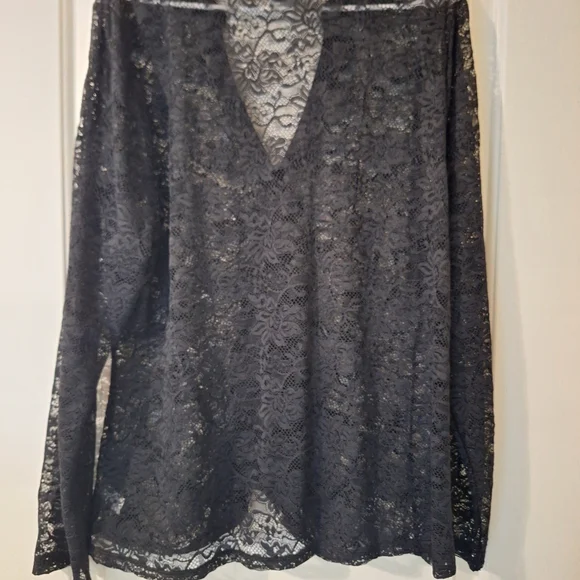 Lane Bryant Black Lace Button Front Top Size 20 Sheer Ruched Blouse Velvet Trim - Picture 12 of 14
